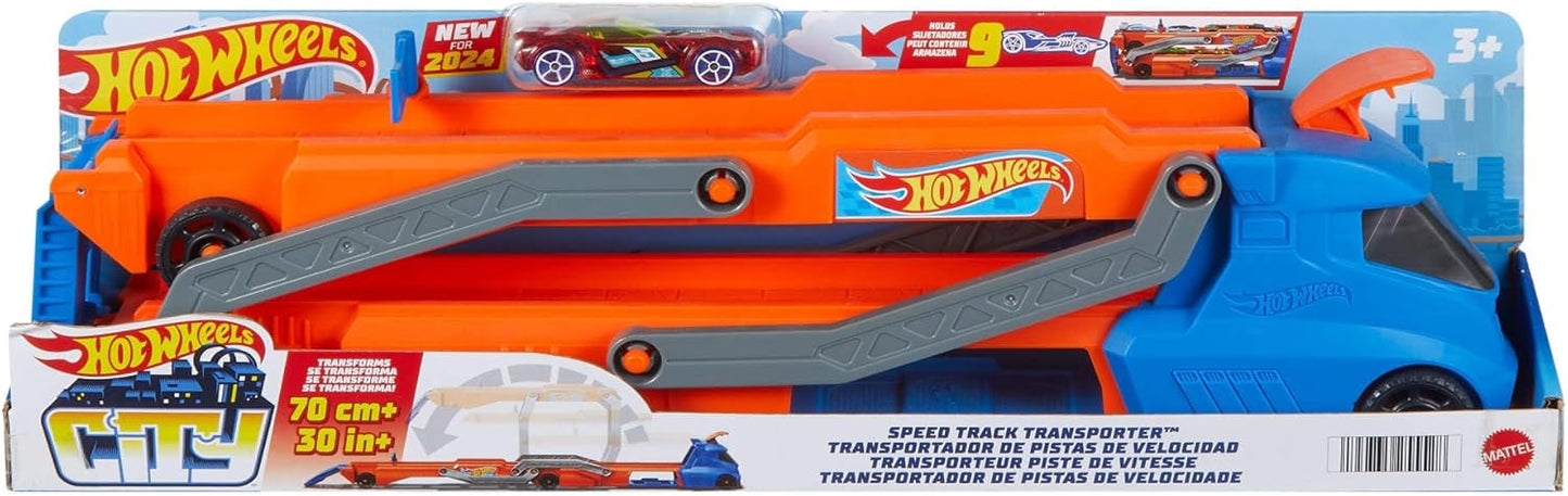 Hot Wheels Conjunto com carrinho, caminhão, reboque e pista em escala 1:64. O caminhão grande se transforma em uma pista de corrida de aproximadamente 76 cm com lançador, armazena até 9 carrinhos em escala 1:64 e conecta-se a outros conjuntos. HYT83