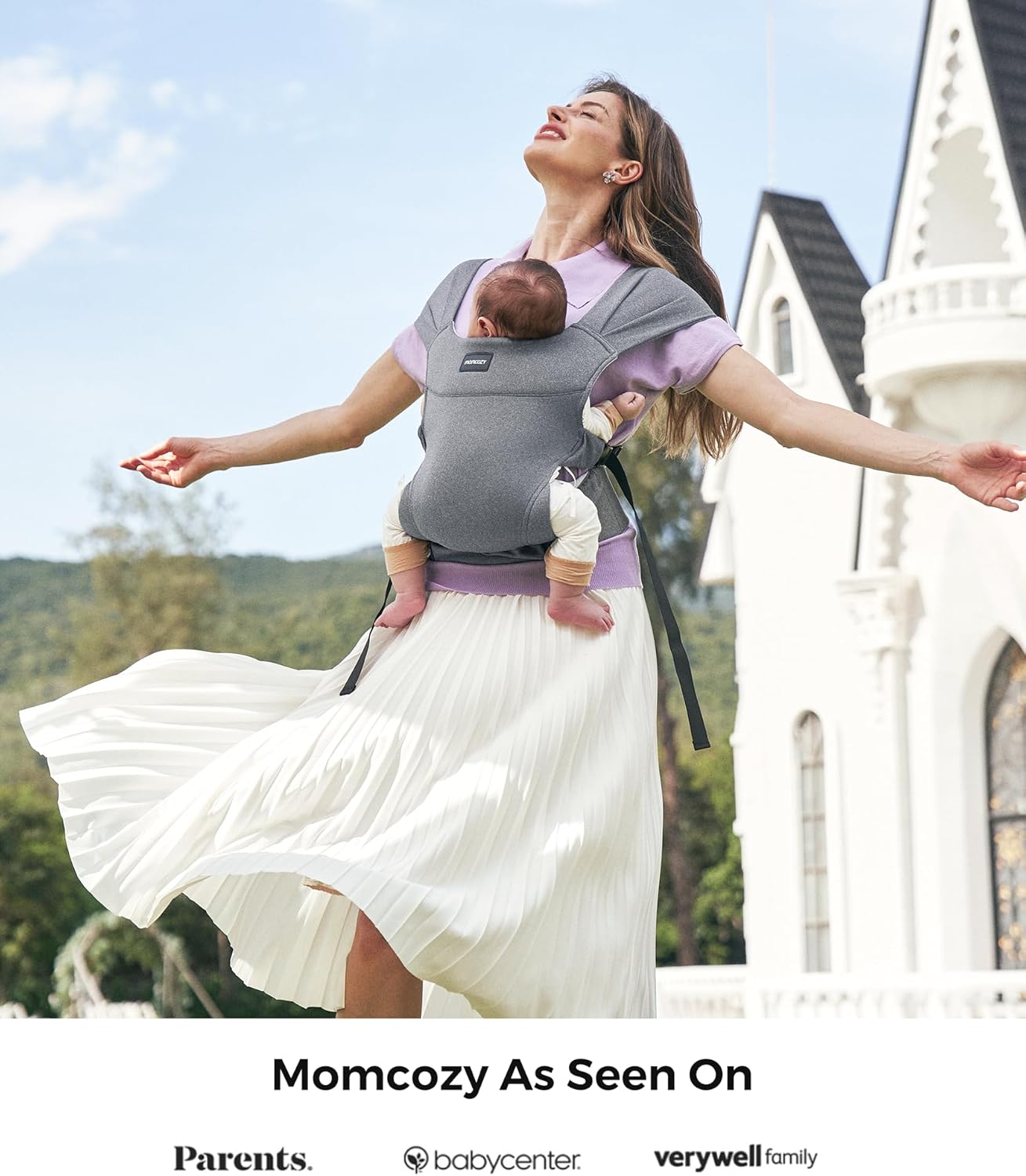 Momcozy Canguru portátil – Compacto e leve, ajustável para viagens, dobrável e fácil de transportar, com bolsa de armazenamento conveniente na cintura, alças de ombro largas, tecido macio e agradável à pele, para bebês de 5,5 a 15 kg (cinza)