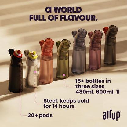 Garrafa de água AIR UP® Gen2, kit inicial original com cápsulas em 5 sabores | Garrafa de água de 600ml com sabor sem açúcar | Pode ser lavada na máquina de lavar louça, livre de BPA | Cor roxa