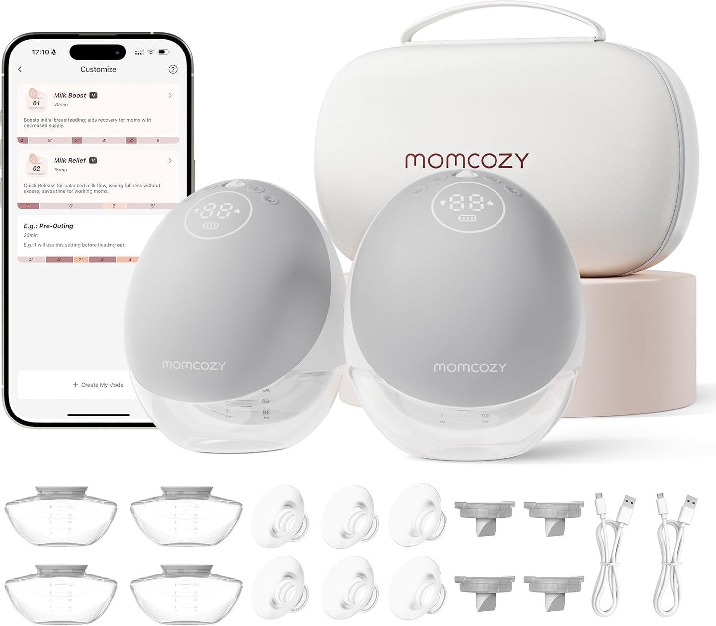 Momcozy Bomba tira-leite M9 mãos-livres, controle móvel, elétrica e por aplicativo, múltiplos modos personalizáveis e 15 níveis, bomba vestível para amamentação, 24 mm (cinza aconchegante, pacote com 2 unidades)