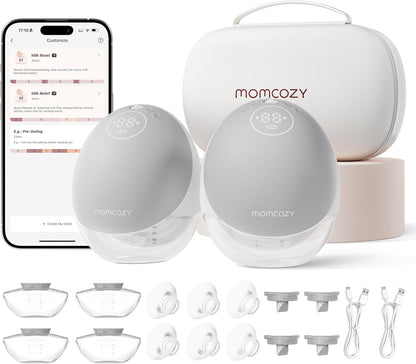 Momcozy Bomba tira-leite M9 mãos-livres, controle móvel, elétrica e por aplicativo, múltiplos modos personalizáveis e 15 níveis, bomba vestível para amamentação, 24 mm (cinza aconchegante, pacote com 2 unidades)