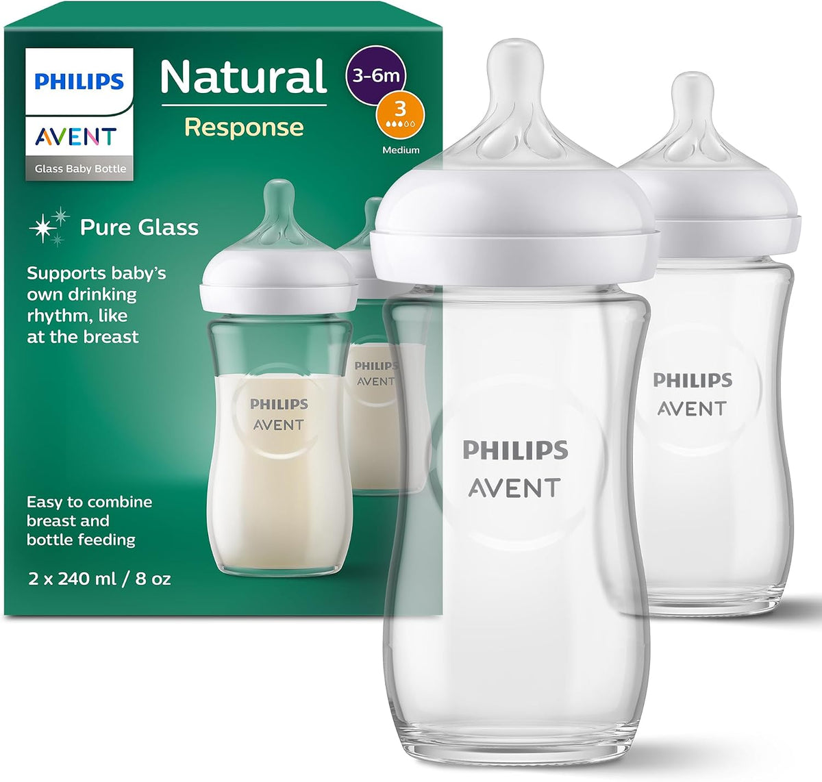 Philips Mamadeiras de vidro Avent Natural Response, 240 ml, com bicos de fluxo médio (fluxo 3), pacote com 2 unidades, SCY933/02