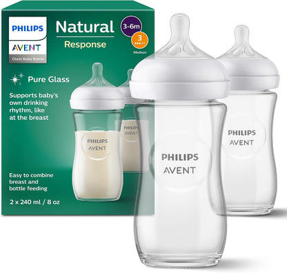 Philips Mamadeiras de vidro Avent Natural Response, 240 ml, com bicos de fluxo médio (fluxo 3), pacote com 2 unidades, SCY933/02