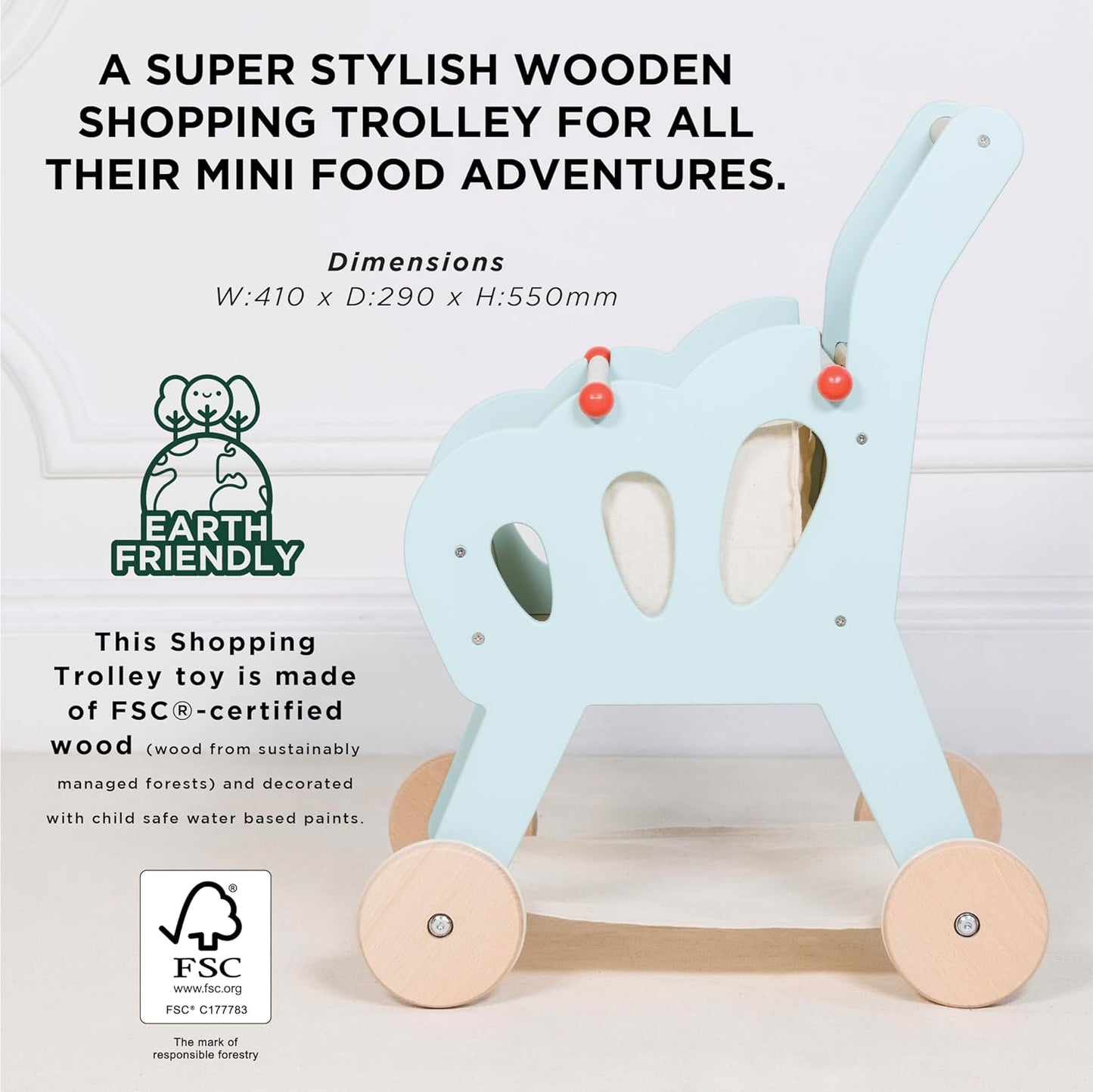 Le Toy Van - Carrinho de compras de madeira Honeybake com bolsa removível | Supermercado fingir brincar de loja de comida