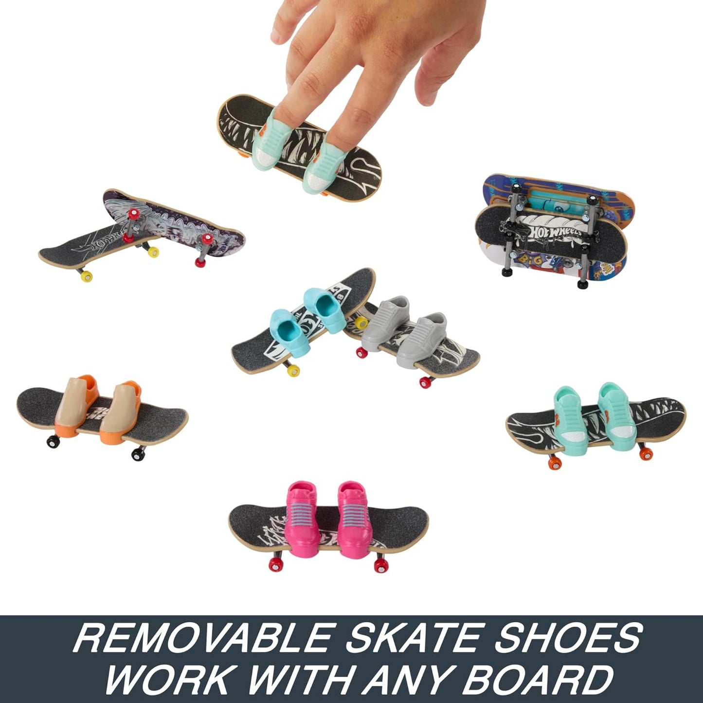 Hot Wheels Skate Fingerboards 10-Pack, conjunto de 10 skates de dedo com 5 pares de tênis de skate removíveis com gráficos com tema Hot Wheels, HTP59