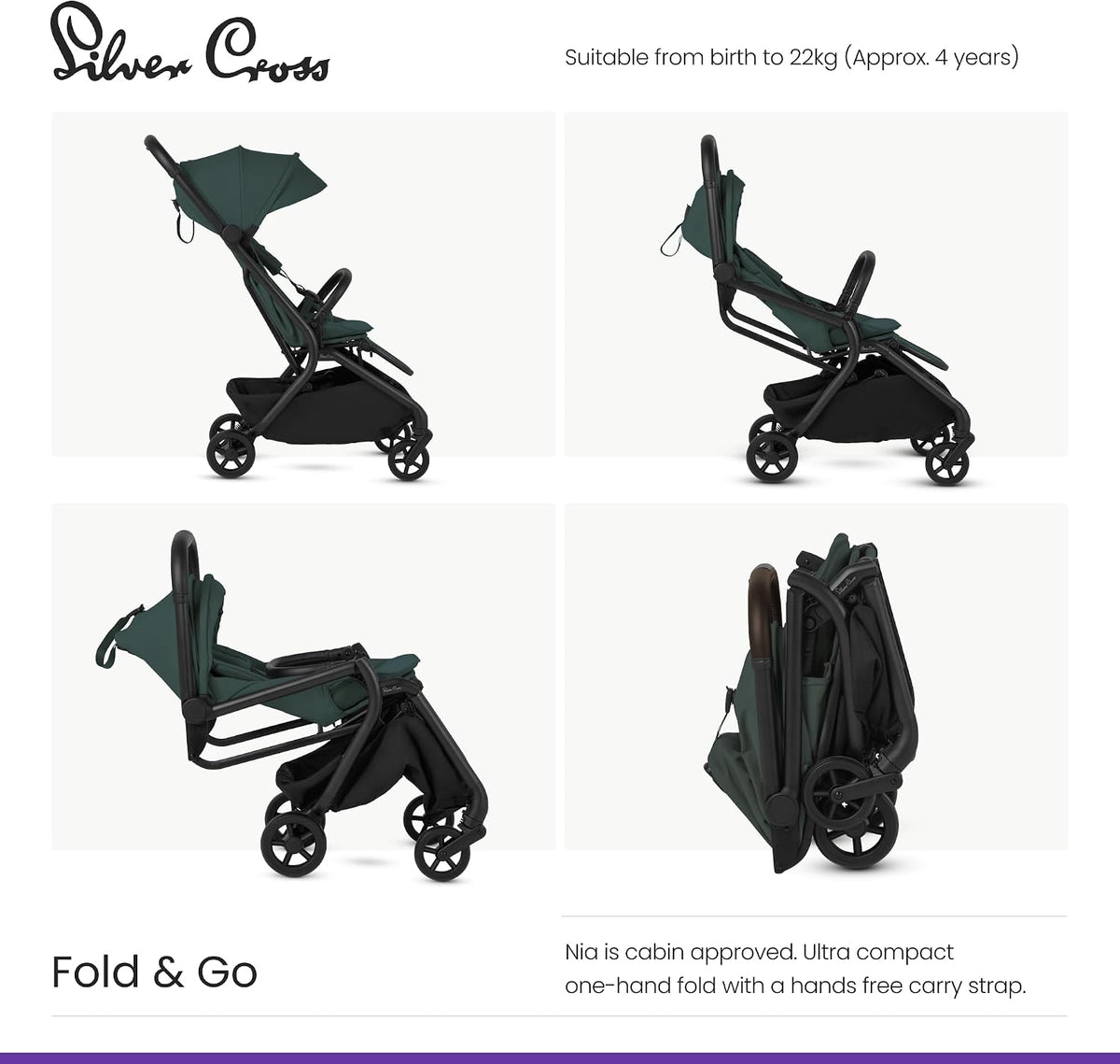 Silver Cross Carrinho de Bebê Compacto  Nia, do nascimento até 22kg, Conífera