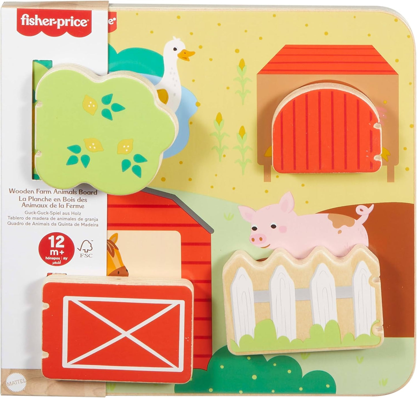 Fisher-Price Brinquedo de madeira para bebês com animais da fazenda, atividade envolvente para desenvolver a coordenação motora fina em bebês e crianças a partir de 1 ano de idade, JCY33