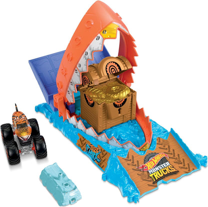Hot Wheels  Monster Trucks Arena Smashers Treasure Chomp Challenge Playset com escala 1:64 Tiger Shark Toy Monster Truck e 1 carro esmagado,  HTP17