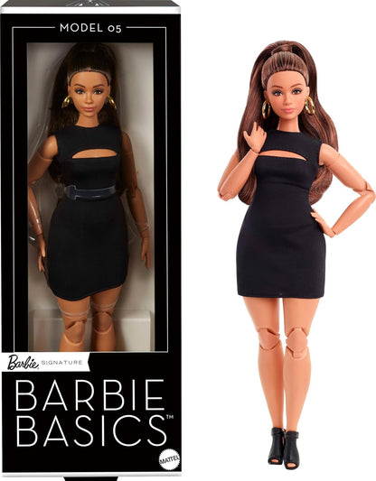 Barbie Mattel Basics Modelo 05 Boneca Colecionável com Cabelo Castanho, Mini Vestido Preto e Salto Alto, Roupas de Tamanho Único, Corpo Articulado e Curvilíneo e Cabeça de Boneca Intercambiável, JBH73