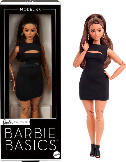 Barbie Mattel Basics Modelo 05 Boneca Colecionável com Cabelo Castanho, Mini Vestido Preto e Salto Alto, Roupas de Tamanho Único, Corpo Articulado e Curvilíneo e Cabeça de Boneca Intercambiável, JBH73