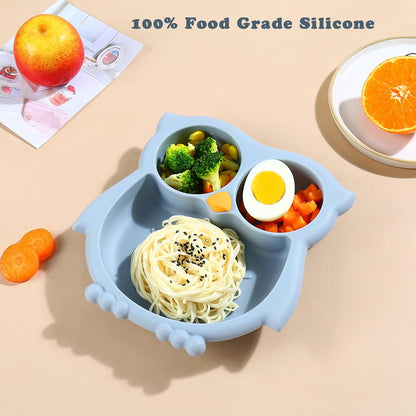 PandaEar Prato de silicone com ventosa, prato dividido para introdução alimentar, prato com ventosa inquebrável para bebês e crianças pequenas, antiderrapante, atóxico, livre de BPA, coruja