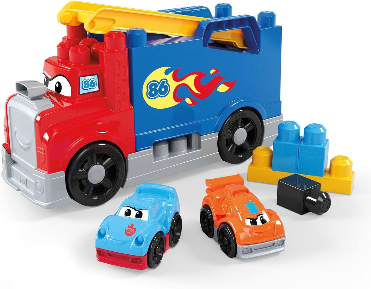 MEGA Brinquedo de blocos BLOKS First Builders "Build & Race Rig" para crianças pequenas; fácil de guardar — os blocos podem ser acomodados dentro do caminhão.