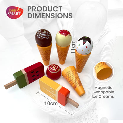 Conjunto de sorvete de madeira - Casquinhas de sorvete e picolés Finja brinquedos de comida para crianças | Sorvetes trocáveis magnéticos | Comida imaginativa para crianças | Presentes de aniversário para meninos e meninas