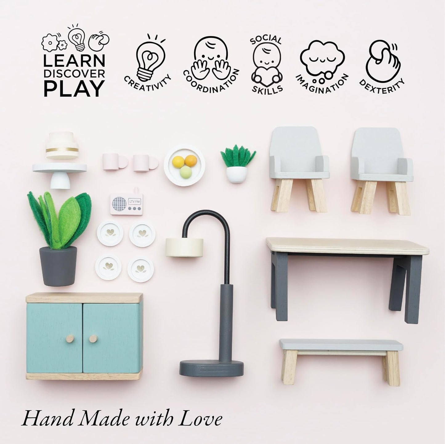 Le Toy Van- Conjunto de jogos de acessórios para casas de bonecas para sala de jantar Daisylane de madeira para casas de bonecas | Conjuntos de móveis para casas de bonecas - adequados para maiores de 3 anos