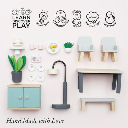 Le Toy Van- Conjunto de jogos de acessórios para casas de bonecas para sala de jantar Daisylane de madeira para casas de bonecas | Conjuntos de móveis para casas de bonecas - adequados para maiores de 3 anos