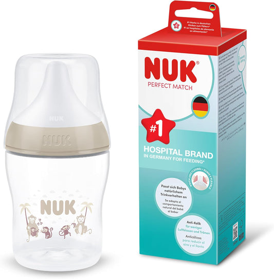 NUK Mamadeira Perfect Match | 0+ Meses | 150ml | Anticólica | PP | Indicador de Temperatura | Macaco | 1 unidade