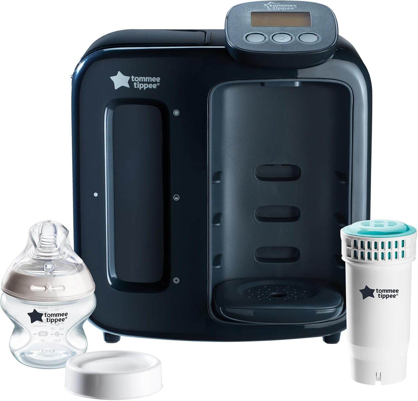 Tommee Tippee Perfect Prep Day & Night, máquina de fazer mamadeiras com display digital e volume ajustável, preto + Tommee Tippee GoPrep Formula Feed Maker Set.