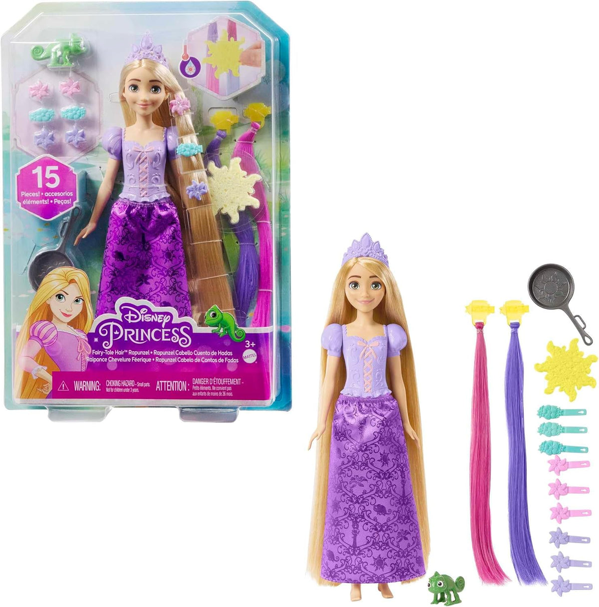 Boneca Rapunzel Disney Princess com apliques de cabelo que mudam de cor e acessórios de penteado