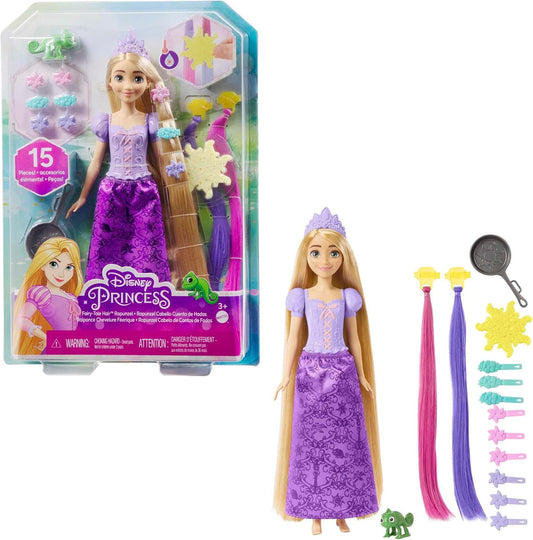 Boneca Rapunzel Disney Princess com apliques de cabelo que mudam de cor e acessórios de penteado