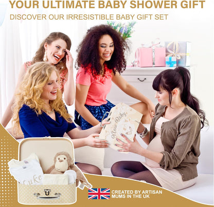 Baby Box Shop - Conjunto de presente para recém-nascidos - Cesta premium com chocalho para cachorro, porta-retratos, tecido de musselina, chá de bebê para recém-nascidos