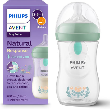 Philips Mamadeira Avent Natural Response com sistema de ventilação AirFree, 260 ml, com bico de fluxo médio (fluxo 3), estampa "Plantas da Floresta", SCY673/83