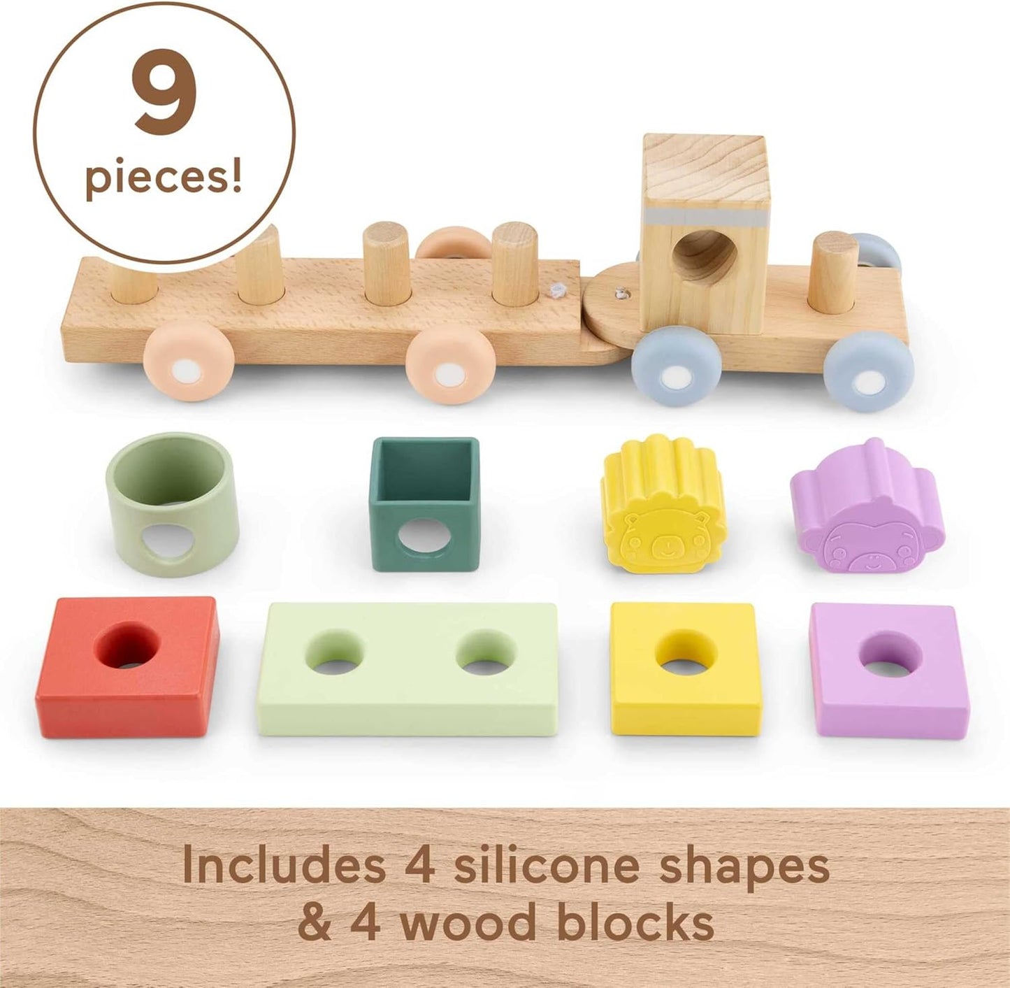 Fisher-Price Trem de madeira para bebês, brinquedo de empilhar, 9 peças com blocos de silicone e madeira para bebês e crianças a partir de 9 meses, JKH08