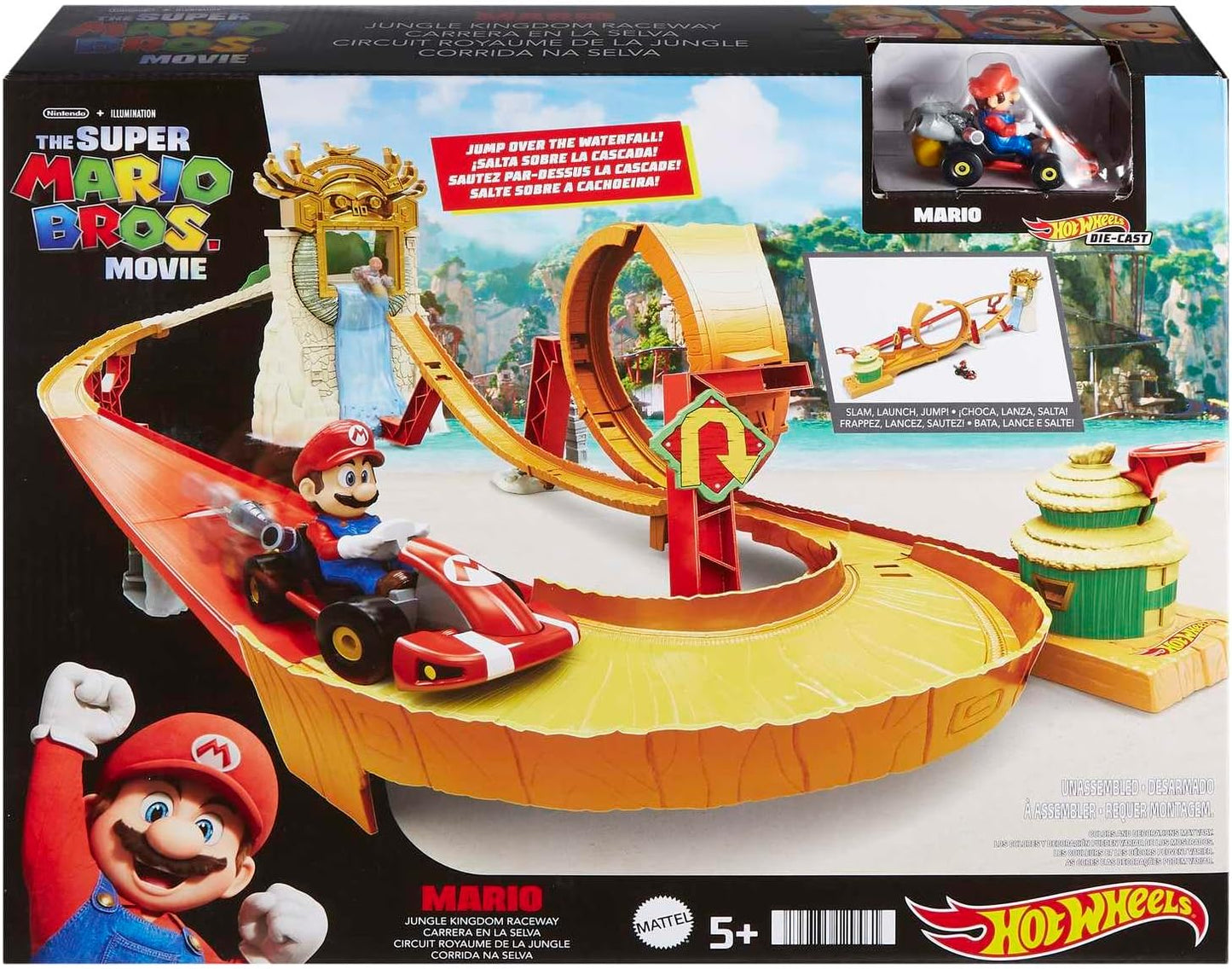 Hot Wheels The Super Mario Bros. Movie Track Set, Jungle Kingdom Raceway Playset com carrinho de brinquedo Mario em metal fundido, inspirado no filme, HMK49