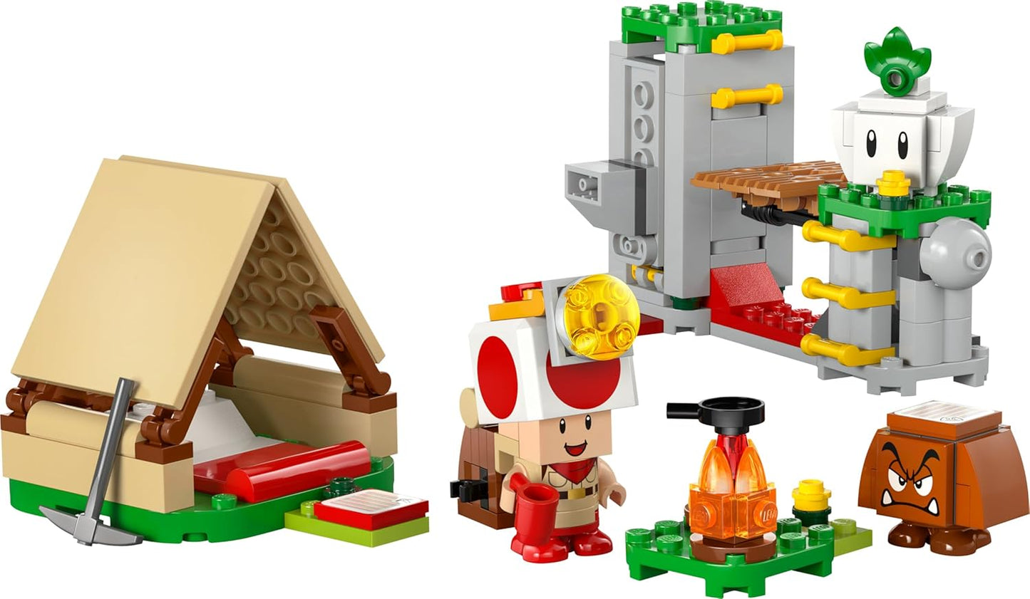 LEGO Super Mario Acampamento do Capitão Toad - Brinquedo interativo com 3 figuras, incluindo um Goomba, além de uma barraca e uma ponte que desaba - Presente para gamers a partir de 6 anos - 72040