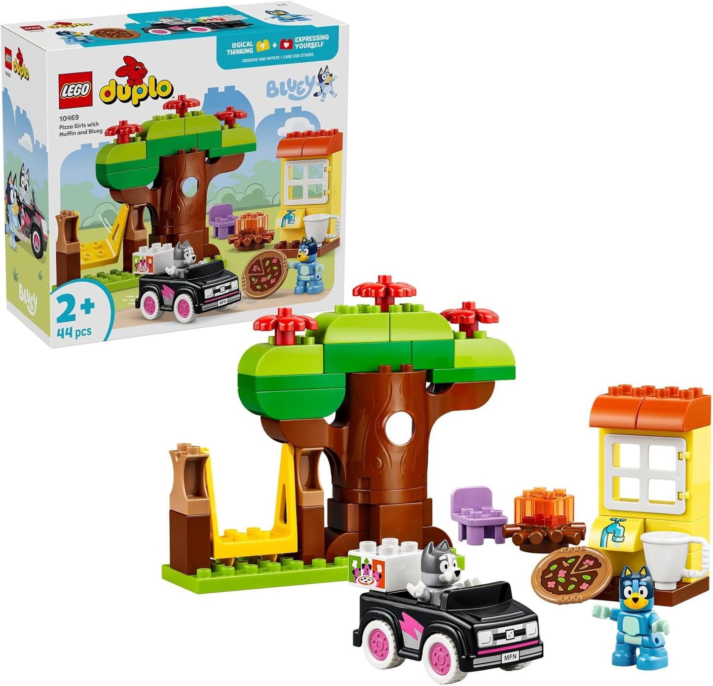 LEGO DUPLO Bluey Pizza Girls com Muffin e Bluey - Brinquedo Educativo para Desenvolvimento da Coordenação Motora em Crianças - Conjunto Montessori com Carro, 2 Figuras, Árvore e Balanço - Presente para Meninas e Meninos a partir de 2 Anos - 10469