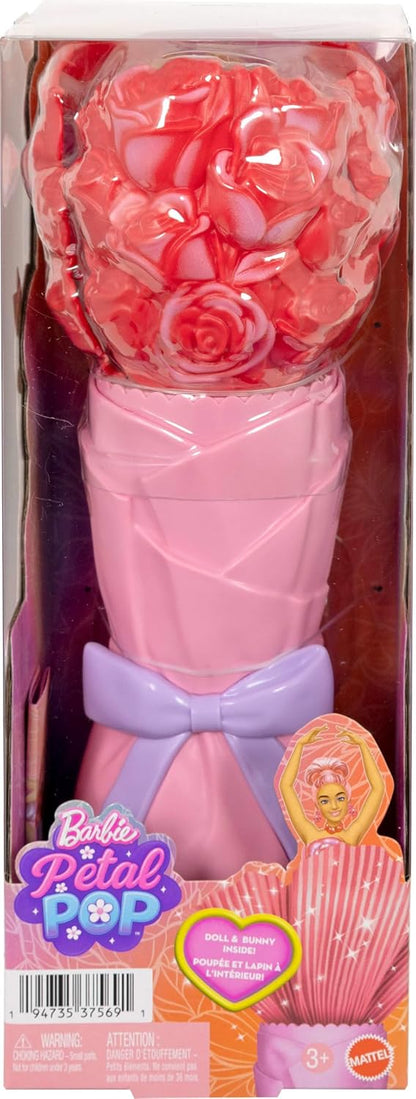 Barbie Petal Pop Boneca Perfumada com Vestido de Rosas e Acessórios, Revelação de Buquê com Coelhinho de Estimação e Surpresas como Regador, Colar e Brincos, JMF59