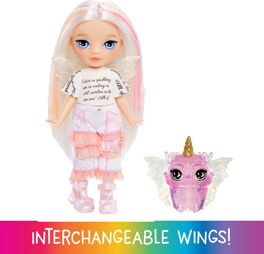 Rainbow High Littles Fadas Fantasia Arco-Íris e Animal de Estimação - Opal, Arco-Íris - Boneca pequena articulada de 14 cm e coruja de estimação fantástica com asas de fada intercambiáveis, presente fofo para crianças a partir de 4 anos