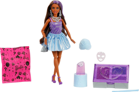 Barbie Festa sem Caixa: Boneca e Acessórios, Série Festa Glamourosa com 10 Surpresas, Incluindo Boneca Roxa Brilhante que Muda de Cor, JFY66