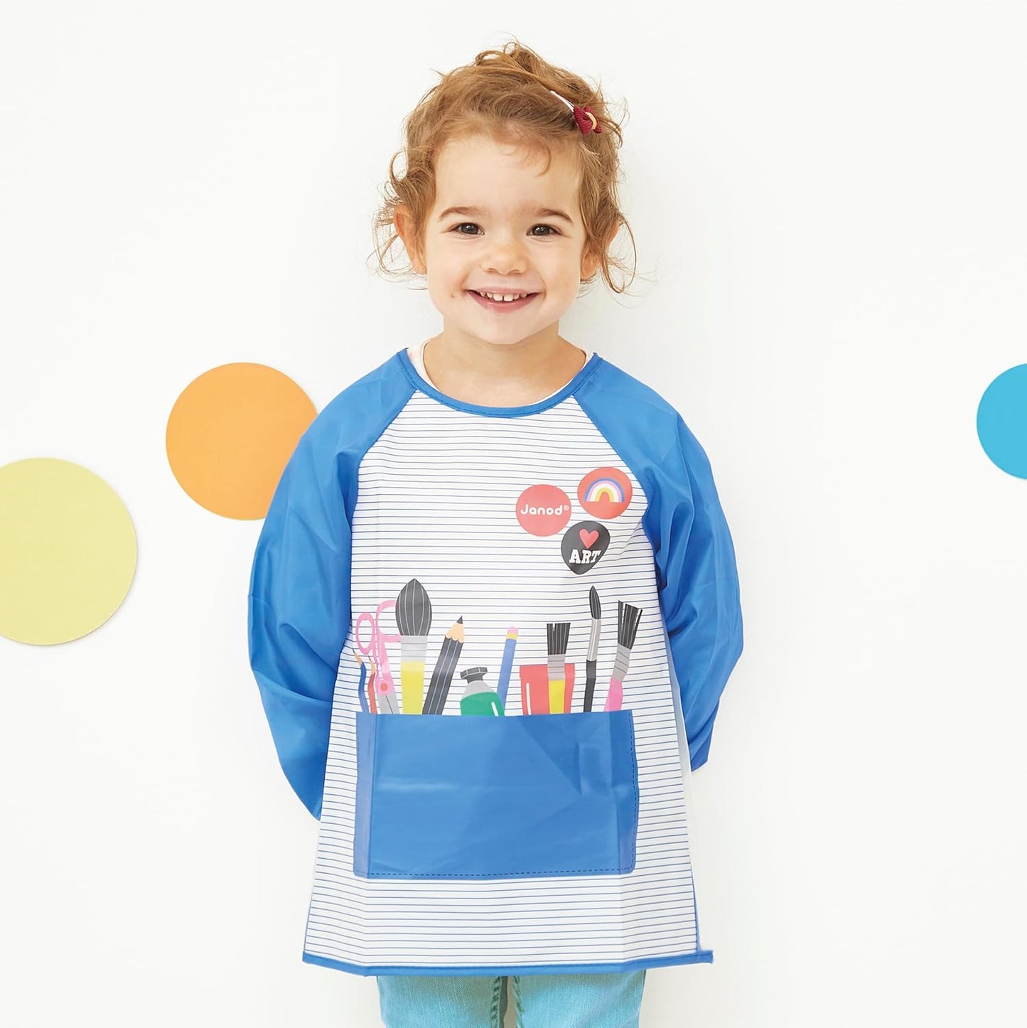 Janod - Pincéis - 4 tamanhos diferentes - Pincéis, Janod - Tintas para dedos para bebês a partir de 1 ano, Janod - Paleta de tinta à base de água - 12 almofadas e pincel, Janod - Avental de pintura infantil a partir de 18 meses