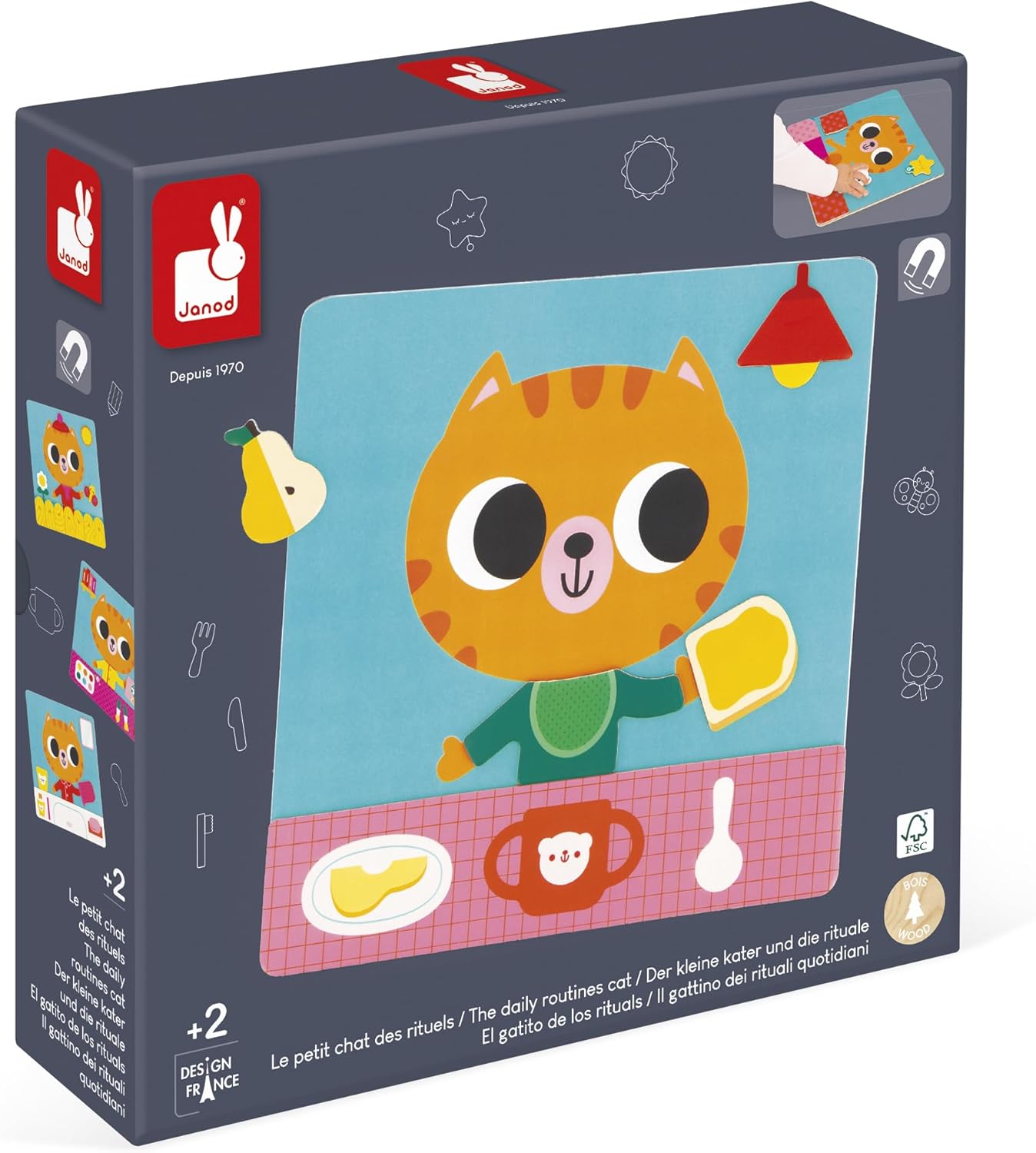 Janod - Jogo Rotinas e Rituais do Dia - Quadro Magnético Educativo - Organize seu Dia a Dia - 7 Cartões Modelo Educativos - 1 Quadro Magnético - 30 Ímãs - A partir de 2 Anos