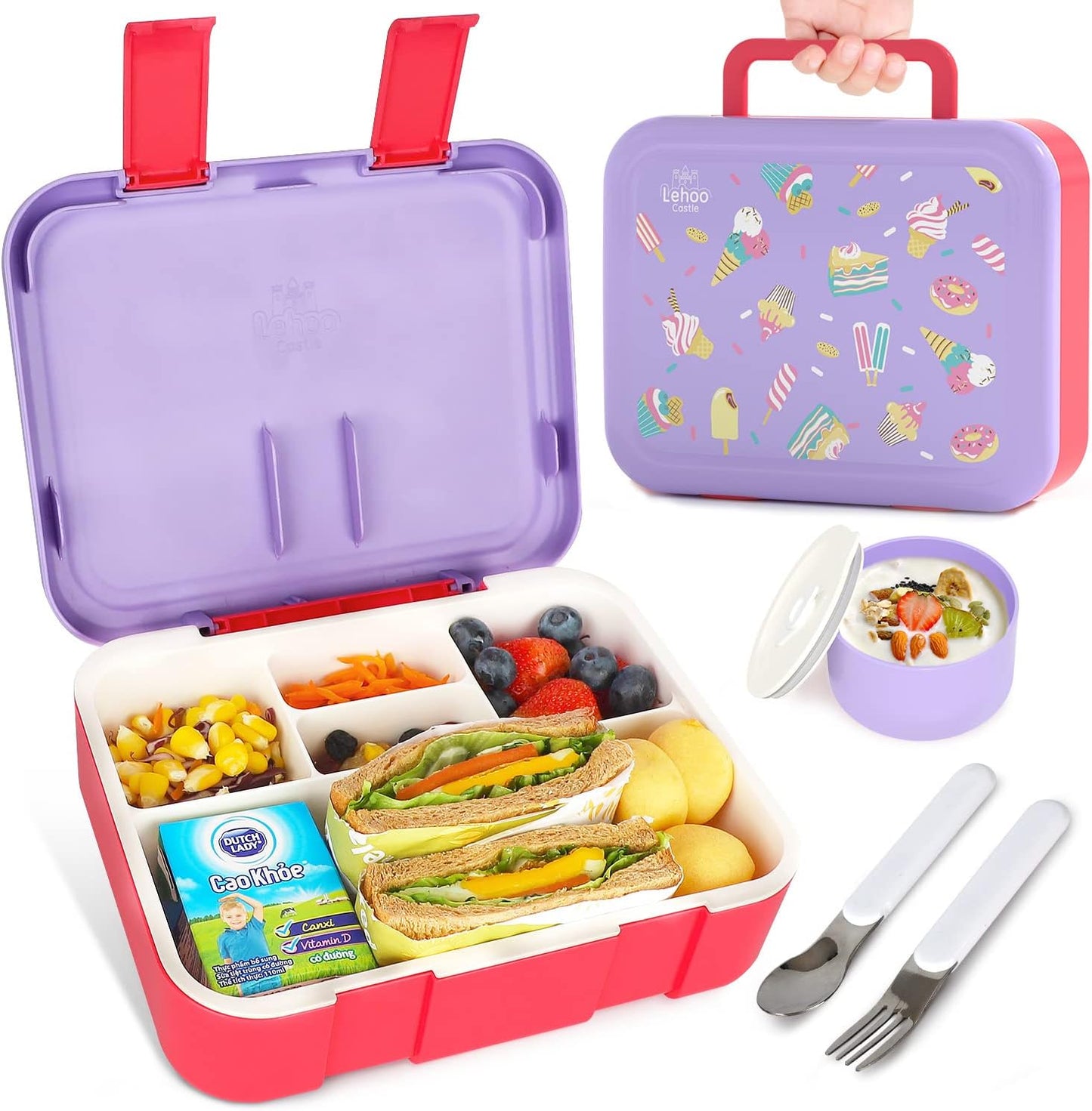 Lehoo Castle Lancheira infantil Bento, lancheira com 5 compartimentos, recipientes de almoço de 1,25L com pote de molho, colher e garfo para meninos e meninas, escola, à prova de vazamentos, sem BPA (dinossauro)