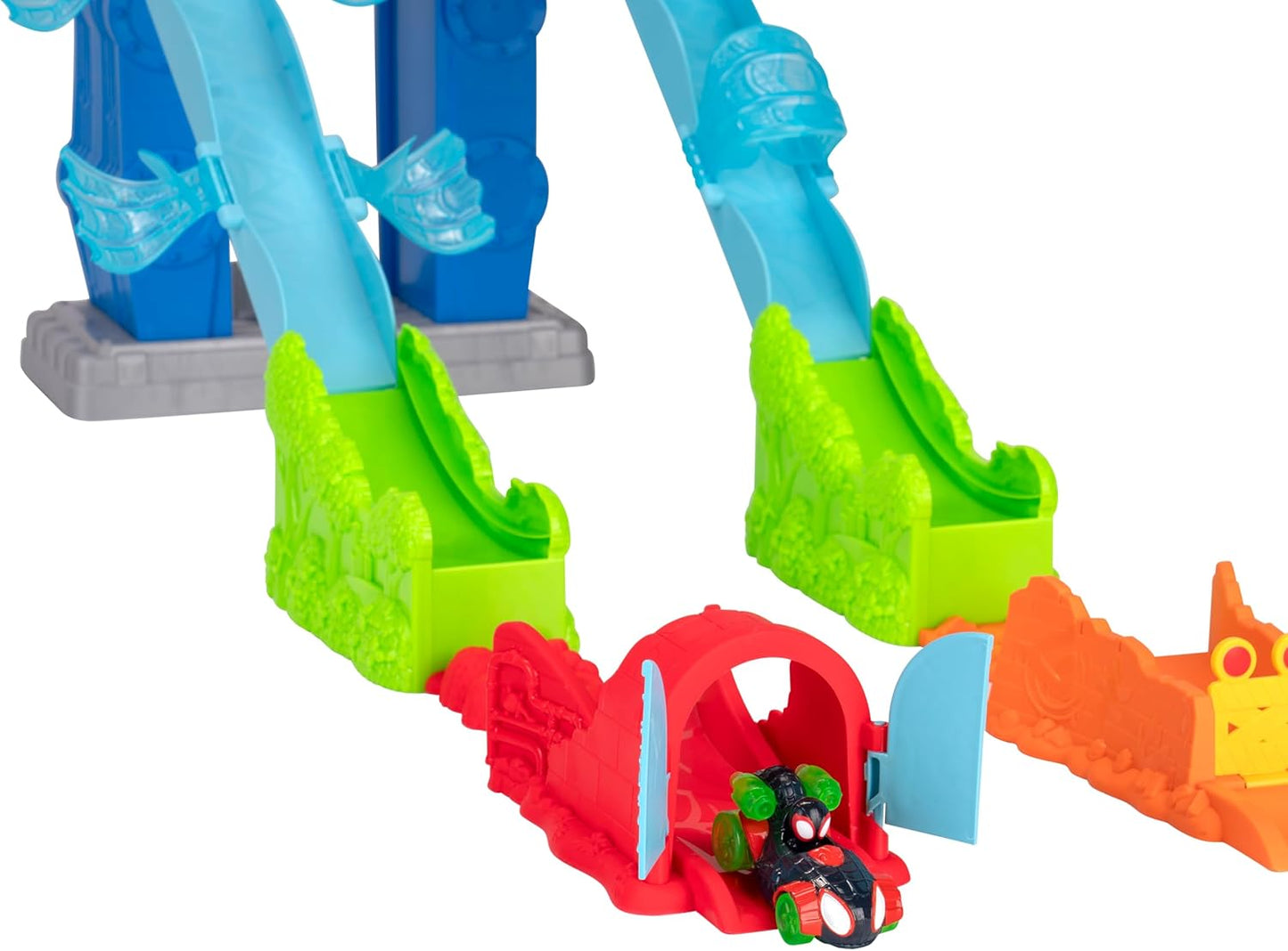 Homem-Aranha e seus Incríveis Amigos - Pista Mega Jump HQ do Homem-Aranha - Pista dupla de 99 cm com elevador, centro de controle, túneis de teia e dois veículos exclusivos da linha Amazing Metals.