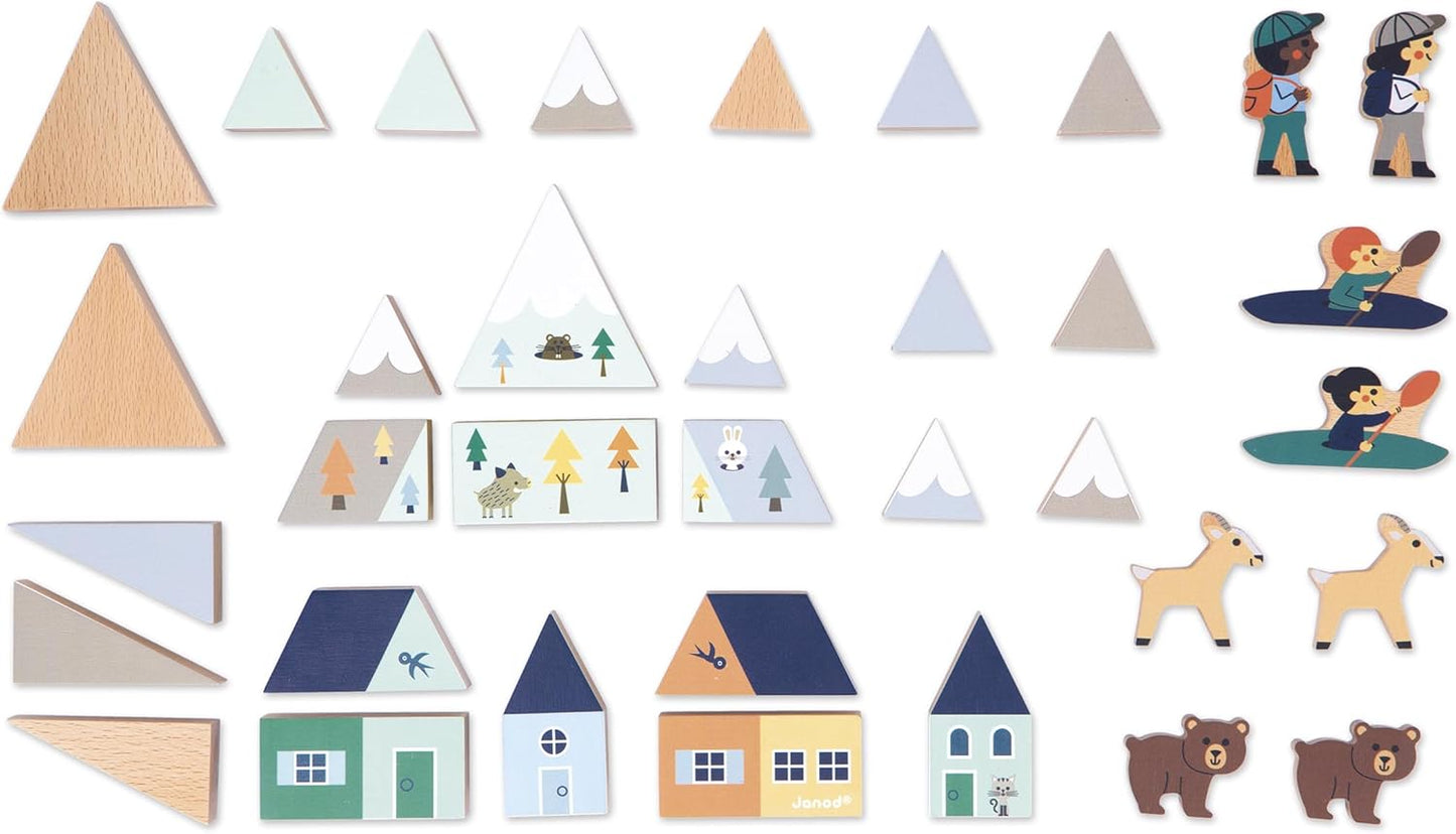 Janod - Conjunto de 34 cubos de madeira maciça - Tema Montanhas Nevadas - Complemento ideal para tapetes de carro - Brinquedo de construção - Desenvolve a imaginação - FSC Madeira