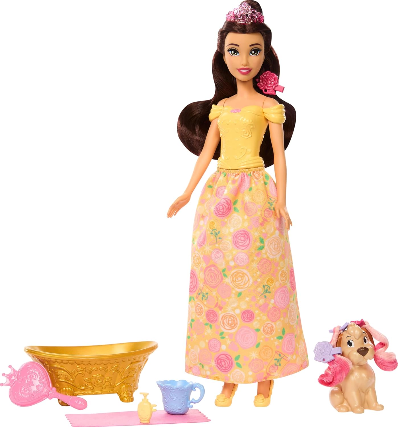 Mattel Boneca Disney Princess Bela e Cachorrinho com Manchas que Mudam de Cor | Inclui figura de cachorro para dar banho e cuidar, com banheira, escova e acessórios de cabelo; inspirado no filme da Disney (JFC42)
