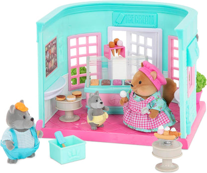 Li'l Woodzeez WZ6735Z Playset - Heladería Scoops &amp; Sprinkles - Juego de 18 piezas - Juguetes familiares para niños de 3 años en adelante