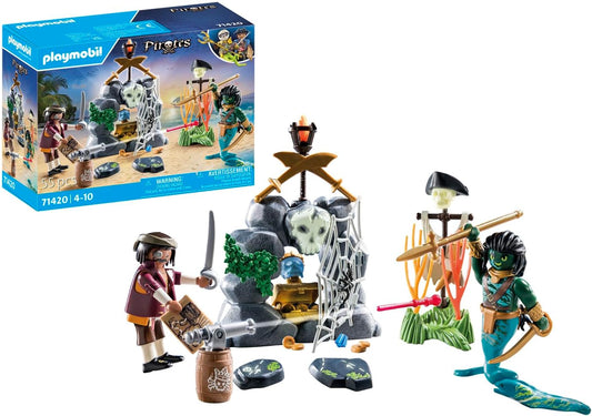 Playmobil 71420 Piratas: búsqueda del tesoro, pirata vs. Deeper, un emocionante mundo submarino con un pirata y un hombre anguila, juego de rol divertido e imaginativo, juegos adecuados para niños a partir de 4 años.