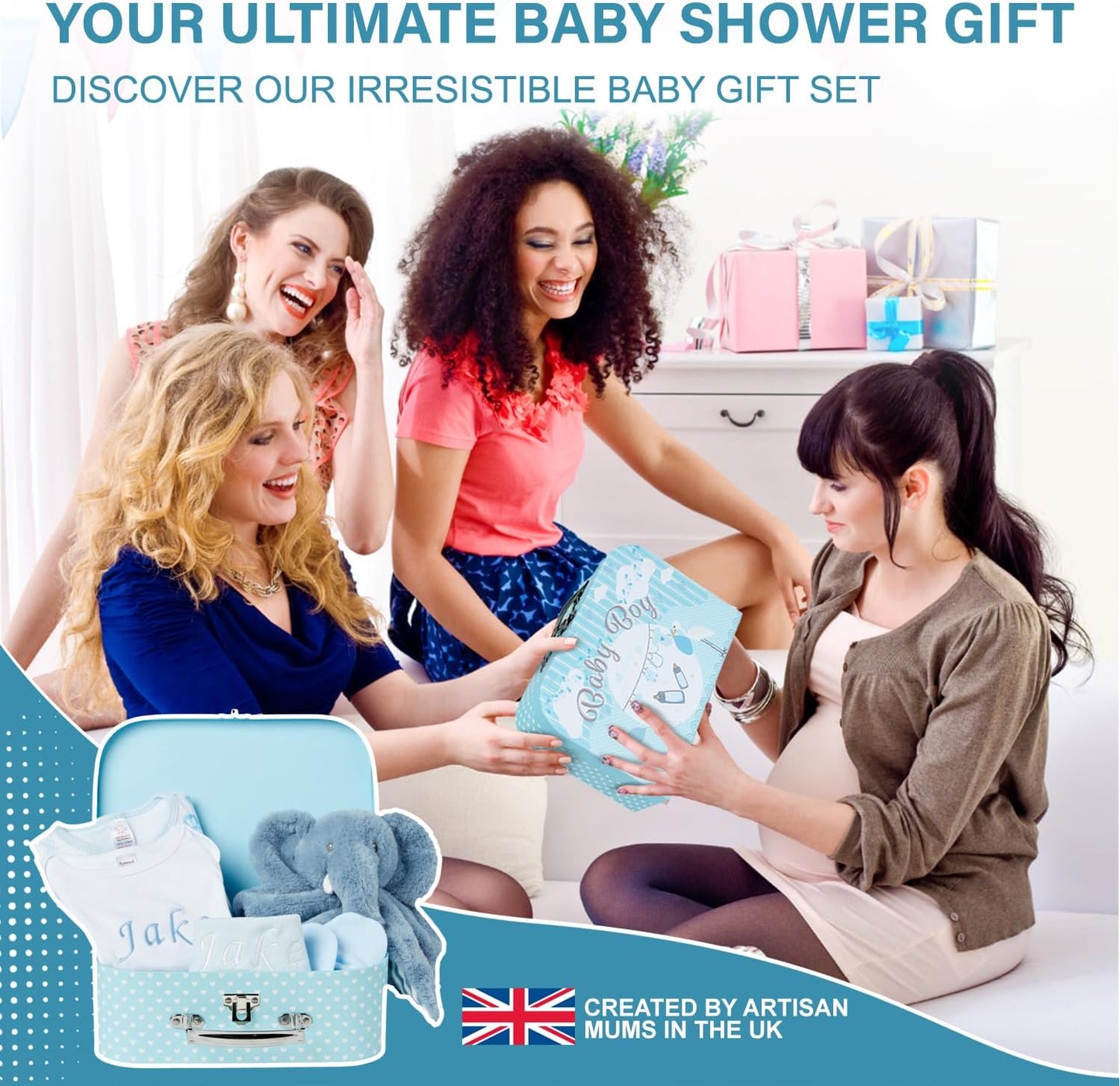 Baby Box Shop - Conjunto de presente para recém-nascidos - Cesta premium com chocalho para cachorro, porta-retratos, tecido de musselina, chá de bebê para recém-nascidos