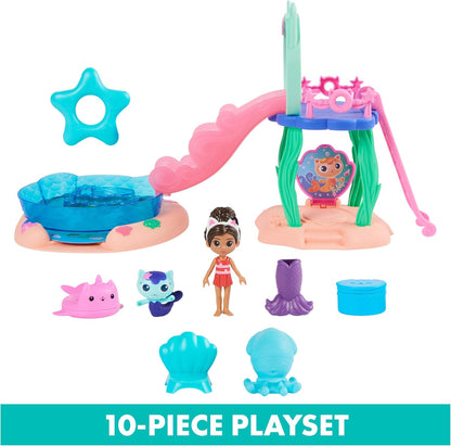 Gabby’s Dollhouse, Piscina de Brincar Purr-ific com Figuras da Gabby e da Sereia Gata, Caudas de Sereia que Mudam de Cor e Acessórios para Piscina - Brinquedo Infantil para Crianças a partir de 3 Anos - Azul