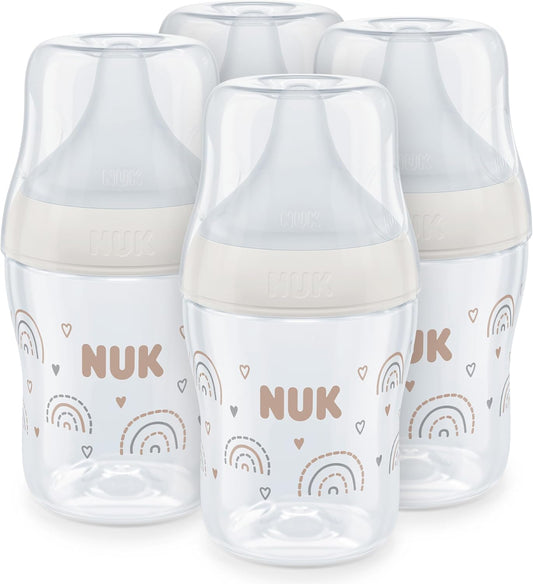 NUK Conjunto de Mamadeiras Perfect Match | 0+ Meses | Adapta-se ao Paladar do Bebê | Controle de Temperatura | Válvula Anticólica | 150 ml | Livre de BPA | Bico de Silicone Pequeno | Arco-Íris | 4 Unidades