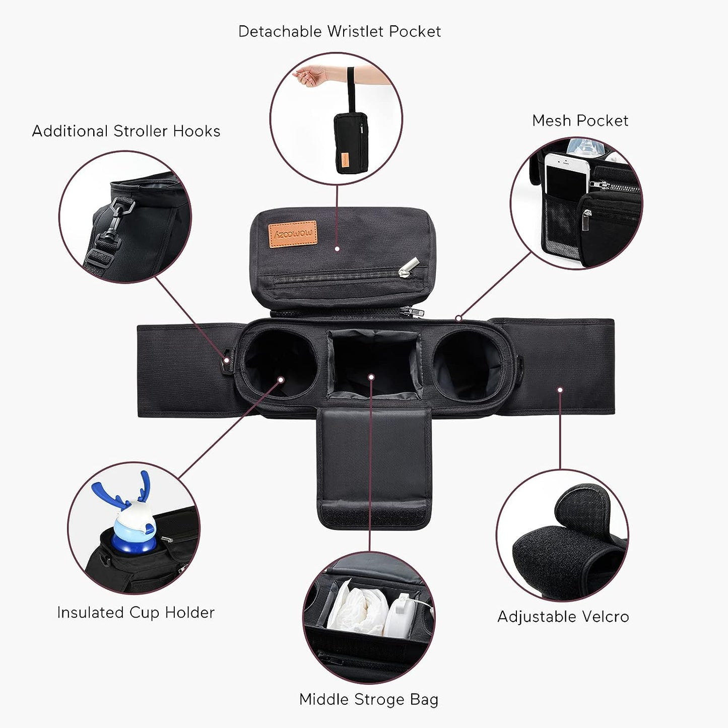 Momcozy Organizador para cochecito, 2 portavasos aislados, bolsillo extraíble con cremallera, correa de hombro ajustable, gran capacidad para artículos esenciales para bebé, diseño compacto que se adapta a cualquier manillar de cochecito (negro)