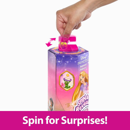 Mattel Conjunto de Boneca Disney Princess Rapunzel "Gira e Revela" com 11 Surpresas (incluindo 5 acessórios, 5 adesivos e cenário), inspirado no filme, HTV86
