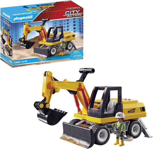 Playmobil 71407 Excavadora de acción urbana con pala, superestructura giratoria de 360° y pies de apoyo, juego de rol divertido e imaginativo, juegos adecuados para mayores de 4 años