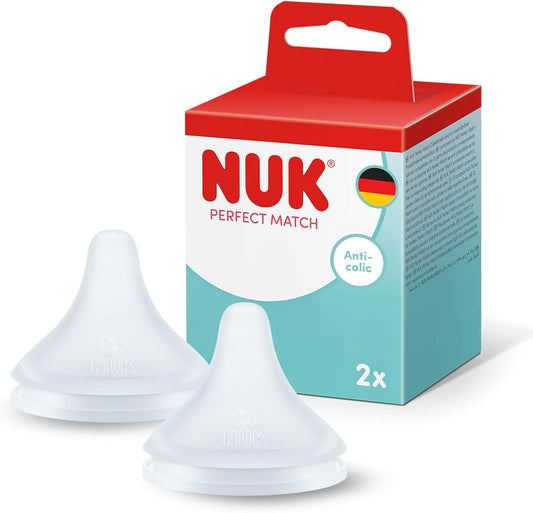 NUK Bicos de Mamadeira Perfect Match | 3+ Meses | Bicos Anticólica | Silicone | Fluxo Médio | 2 Unidades