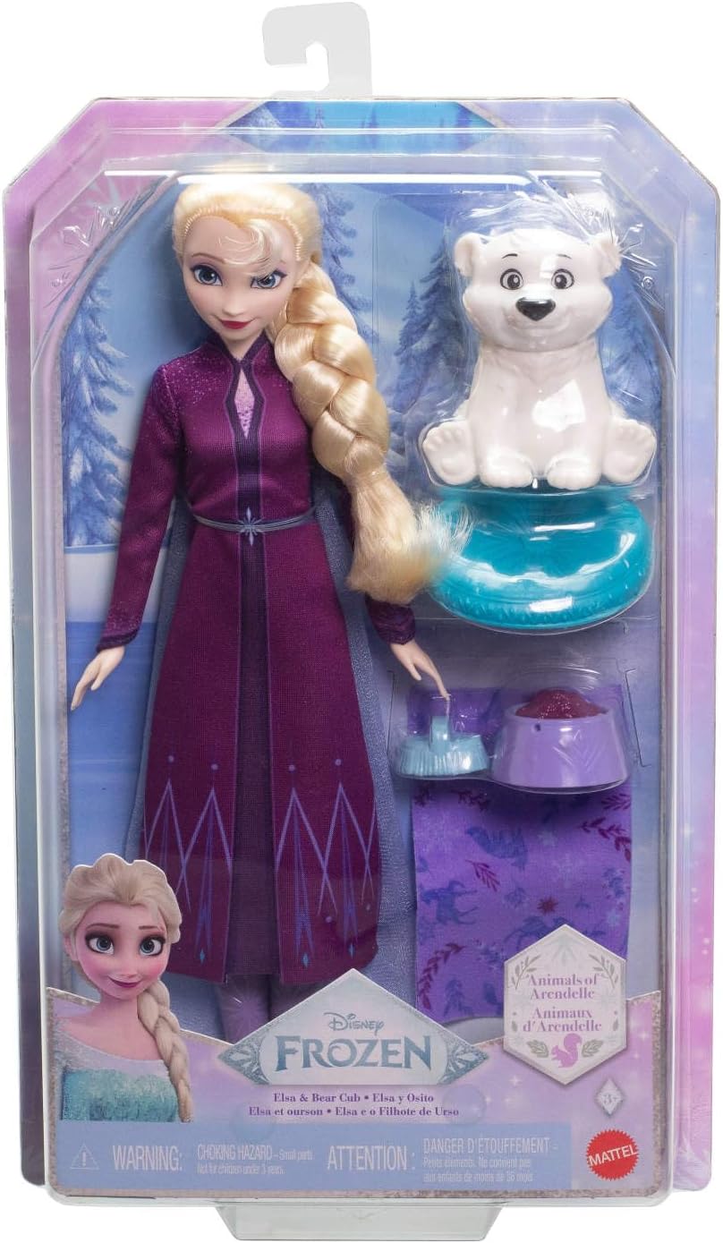Mattel Boneca Fashion Elsa e Filhote de Urso-Polar Disney Frozen da | 4 Acessórios, incluindo cama e cobertor para o animal, cabelo trançado, inspirada nos animais de Arendelle de Disney Frozen, JFG16