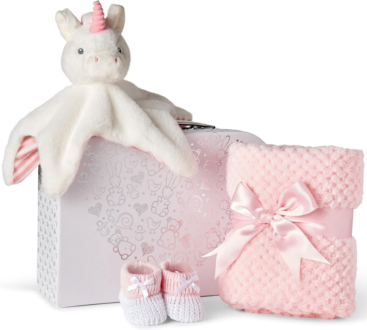 Presentes personalizados para bebês - Cesta para recém-nascidos em caixa de lembranças branca, inclui edredom de zebra para bebês, caixa de bebê, conjunto de presentes para recém-nascidos - 3 itens essenciais para bebês