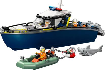 LEGO Conjunto de Perseguição de Barco Policial City - inclui 2 barcos de brinquedo, 3 minifiguras e um tubarão - Presente para meninos e meninas a partir de 6 anos - 60456